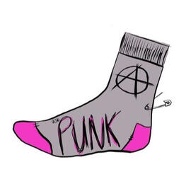 A grey sock with pink patches on the toes and heel, "PUNK" in capital letters across the middle, the anarchist A symbol on the ankle, and a safety pin sticking out of the side